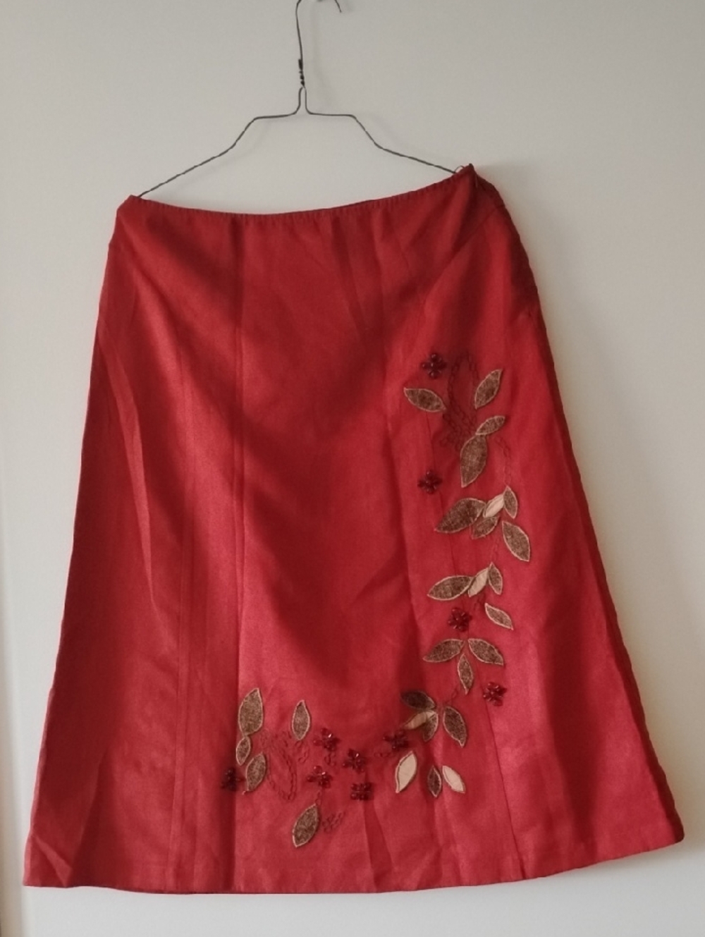 Red Embroidered A-Line Skirt with Floral Detail